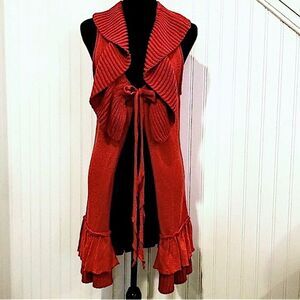 HANDKNIT Women’s Red Boho Chic Ruffle Knit Longline Vest Tie Front Sz SM